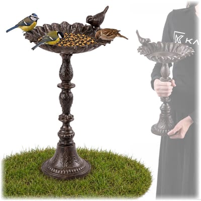 KADAX Staande vogelbad van gietijzer, 45 cm hoog, staand vogelbad met voet, waterbak voor tuin, terras en balkon, vogelbad voor wilde vogels