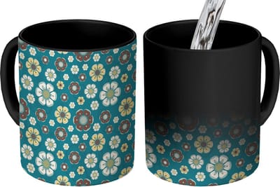Magische Mok - Foto op Warmte Mokken - Koffiemok - Retro - Bloemen - Patronen - Blauw - Magic Mok - Beker - 350 ML - Theemok