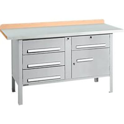 Box-type werkbank Schäfer Shop Select PWi 150-5, beuken multiplex blad, met stalen afdekking, tot 750 kg, B 1500 x D 700 x H 840 mm, blank aluminium