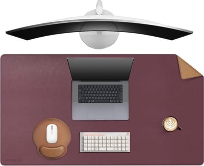 Grote bureauonderlegger 40 x 236 inch van kurk en leer - Waterdichte computerbureaumat voor gaming en thuiskantoor - Wijnrood