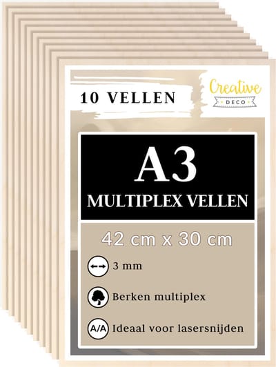 Creative Deco 10 x A3 multiplex plaat 3mm | 420 x 300 mm | berken multiplex laser-geschikt dun hout blanks | perfecte plaat voor lasergraveren, lasersnijden, fretwork, pyrografie, CNC router