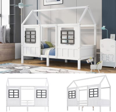 Kinderbed 90x200 cm met 2 ramen en lattenbodem voor jongens en meisjes - grenen frame - wit(Matras niet inbegrepen)