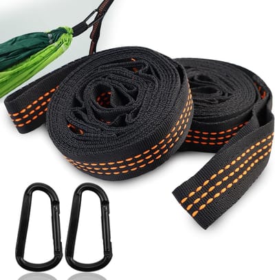 Allecta - Set van 2 schommelbevestigingen met haken en karabijnhaken - Hangmatophanging 2 m x 2,5 cm - Voor camping en buiten - Maximale belastbaarheid 150 kg