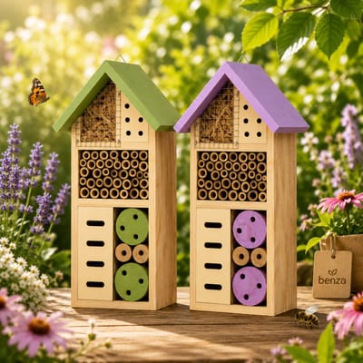 Benza – Insectenhotel Set van 2 – Groen & Paars – 13 x 8,5 x 26 cm – Houten Bijenhotel en Vlinderhotel – Voor Tuin, Balkon en Terras