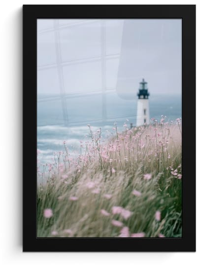 Poster in lijst - Fotolijst 20x30 cm - Posters - Vuurtoren - Klif - Zee - Bloemen - Posterlijst zwart - Decoratie - Wanddecoratie woonkamer - Muurdecoratie slaapkamer