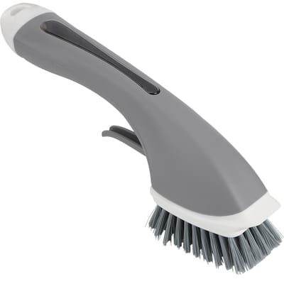 Reinigingsborstel met lange steel en zeepdispenser voor keukenpan, pot, gootsteen en afwas Grijs grijze kleur