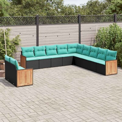 vidaXL - 11-delige - tuinbankset - met - kussens, - zwart - polyrotan