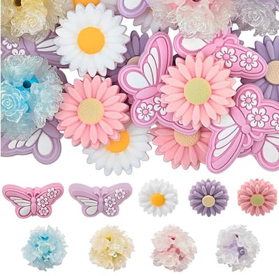 29 Stuks 9 Stijlen Vlinder Focal Kralen Pen Siliconen Kralen Kleurrijke Ondoorzichtige Insect Daisy Plant Bloem Esthetische Hars Gladde Losse Spacers voor Sleutelhangers Pennen Armband