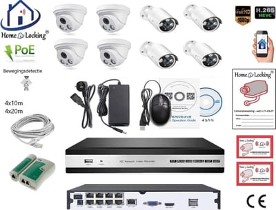 Home-Locking complete set PoE camera beveiligingssysteem met bewegingsdetectie camera's en NVR 8ch 8MP H265 met 4 dome pvc en 4 bullet metaal camera's 3.0MP CS-8-1514