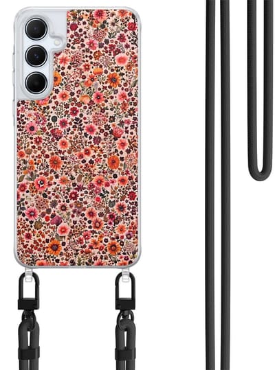 Hoesje met koord geschikt voor Samsung Galaxy A15 - Vintage floral - Inclusief Zwart koord - Crossbody beschermhoes - Transparant, Roze - Mooie Telefoonhoesjes