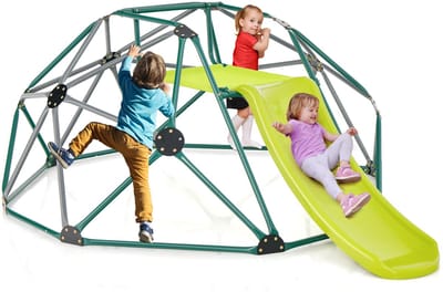 COSTWAY Klimkkoepel met glijbaan, klimrek in koepelvorm met stoffen platform, 180 kg belastbaarheid, outdoor en indoor speelplaats voor kinderen vanaf 3 jaar (groen + grijs, Ø 183 cm)