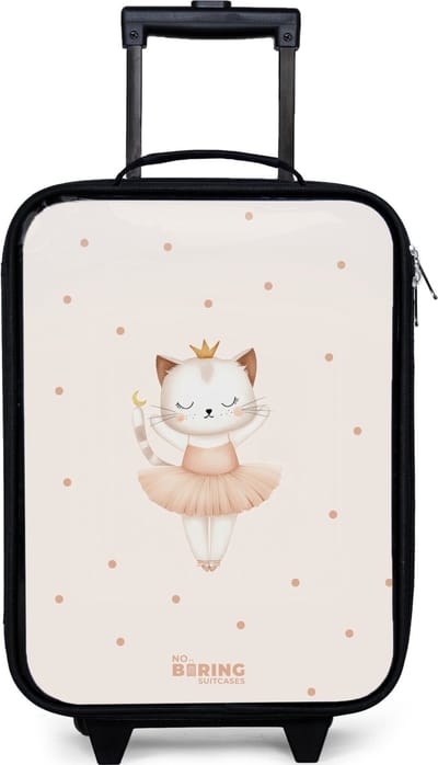 NoBoringSuitcases.com® - Kinderkoffer jongen - Kindertrolley meisje - Ballerina kitten in beige kleuren - Koffer kind lichtgewicht - Reiskoffer trolley voor kinderen - Koffertje met lichtgevende wieltjes - Rolkoffer zwart