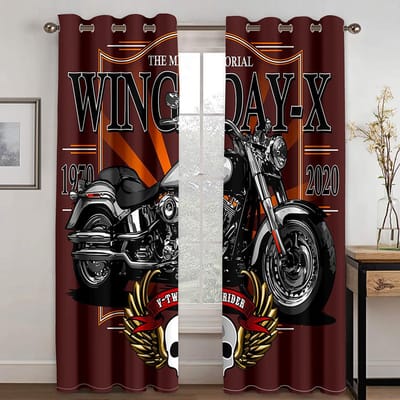 Coole Motorfiets Skelet motorfiets patroon 3D digitale print gordijn Woonkamer Balkon Slaapkamer Huis persoonlijkheidsdecoratie laag W50xH130(CM)x2pcs&Hook black