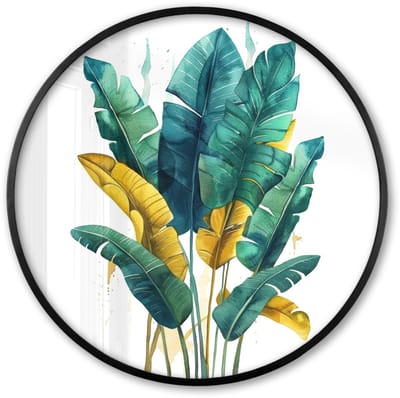 Poster in lijst Rond - Fotolijst 60x60 cm - Posters - Bladeren - Groen - Tropisch - Goud - Natuur - Ronde posterlijst zwart - Decoratie - Wanddecoratie woonkamer - Muurdecoratie slaapkamer