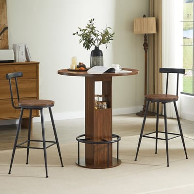 REDOM - Bartafelset - Rond - Met 2 Barkrukken - Mid-Century Modern - Voor Keuken En Eethoek - Spaanplaat En Staal - Walnoot - 80 Cm