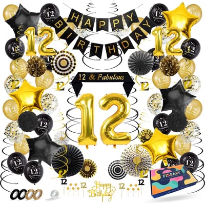Fissaly 12 Jaar Verjaardag Decoratie Versiering - Ballonnen – Jubileum - Jongen & Meisje - Zwart en Goud