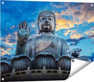 Gards Tuinposter Boeddha Beeld bij een Tempel - 80x60 cm - Tuindoek - Tuindecoratie - Wanddecoratie buiten - Tuinschilderij