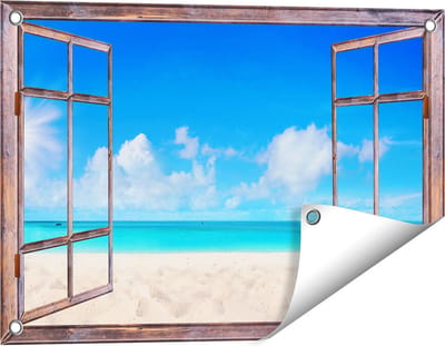 Gards Tuinposter Doorkijk Strand en Zee met Helder Witte Zand - 60x40 cm - Tuindoek - Tuindecoratie - Wanddecoratie buiten - Tuinschilderij