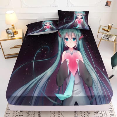 Drap Housse Imprimé Hatsune Miku Confortable Housse de Lit Ensemble Complet 3D Literie pour Enfants Décor de Chambre Anime Maison 120x200x30cm