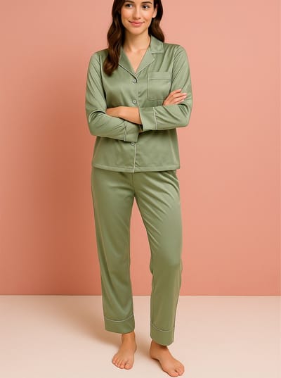 Kimomi Satijnen Pyjama Dames – Luxe Loungewear & Nachtkleding – Homewear Set met Lange Broek – Groen - Maat M