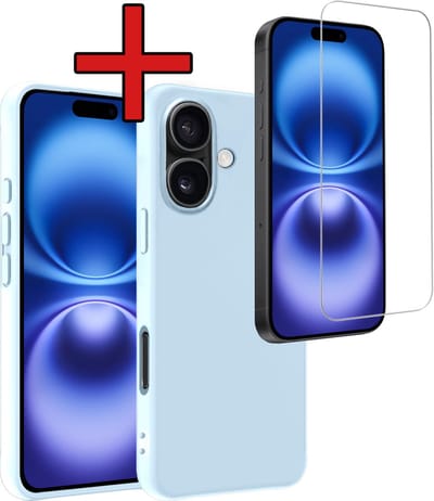 Hoesje - Met Screenprotector - Geschikt voor Apple iPhone 16 - Sterk & Shockproof - Telefoon Hoes - Back Cover - Siliconen Case - Telefoonhoes - Lichtblauw