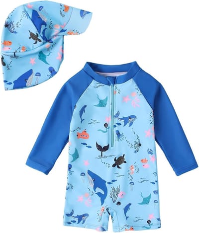Lange Mouwen Baby Zwemoverall met Zonnehoed voor Jongens - UV Bescherming, Comfortabel en Ideaal voor het Strand