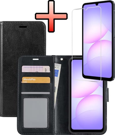 Hoesje - Met Screenprotector - Geschikt voor Samsung Galaxy A07 - Luxe Pasjeshouder - Bookcase Portemonee - Flip Case - Kunstleer Book Case - Flipcase - Book Cover - Walletcase - Portemonneehoes - Zwart