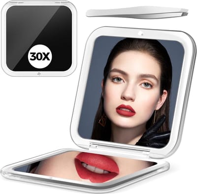 QTTVBTNA - 1 Stuk Opvouwbare Schmink - & Wenkbrauwspiegel - 30X Vergrotende Handspiegel met Magnet - Dubbelzijdig (1X/30X) - Ideaal voor Reizen en Precise Make-up - 8.5x8.5 cm - Zwarte