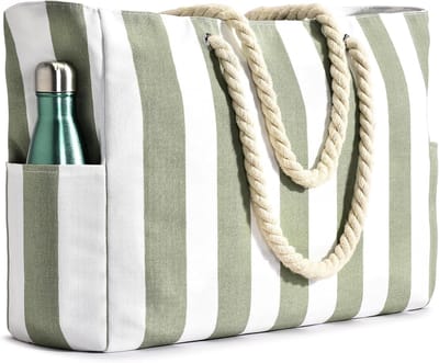 SnelShoppen - Waterdichte Strandtas Dames - Grote Shopper Badtas met Ritssluiting - Strepen Beach Tote Bag - Ideaal voor Vakantie, Boodschappen en Dag