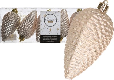 Decoris Kersthangers dennenappels - 6x st - champagne - glitter - 8 cm - kunststof - kerstversiering