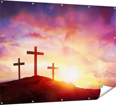 Gards Tuinposter Kruisiging van Jezus Christus - Drie Kruisen - 160x120 cm - Tuindoek - Tuindecoratie - Wanddecoratie buiten - Tuinschilderij