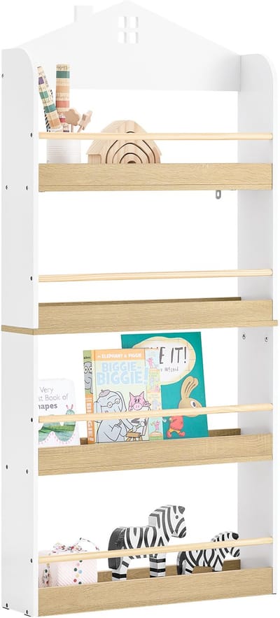 SoBuy KMB121-WN Boekenkast voor kinderen, 4 niveaus, meubels, speelgoed, boekenkast, opbergkast, plank, slaapkamer, wit/naturel, 60 x 15 x 130,5 cm