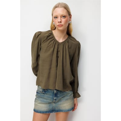 Gestructureerde Knop-Up Crewneck Blouse