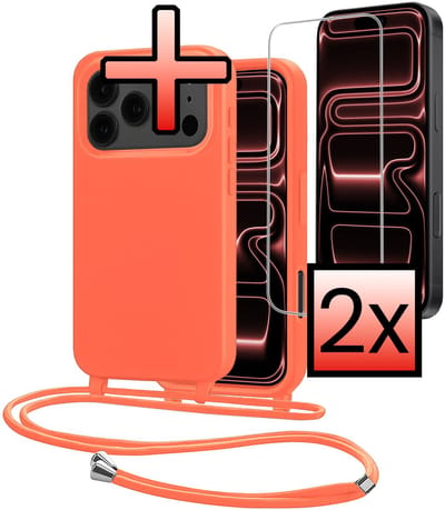 Hoes Geschikt voor iPhone 17 Pro Met Telefoonkoord Met 2x Screenprotector - Siliconen Hoesje Backcover Met Ketting - Papaya
