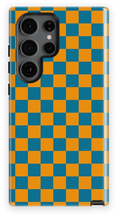 Design Hoesje Samsung Galaxy S24 Ultra | Geschikt Voor Mag | Tiny Squares Checkered Print | Backcover Samsung Galaxy S24 Ultra Petrol Pop