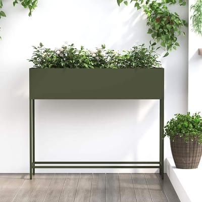 vidaXL - Verhoogde - Tuin - Plantenbak - Olijfgroen - 100 - x - 26 - x - 82 - cm - Staal