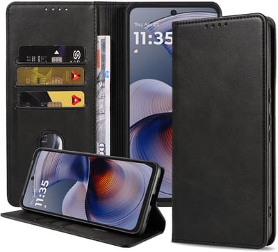 Geschikt voor Motorola Moto G55 Telefoonhoesje Kunstleer met Magnetische sluiting en Pasjeshouder Bookcase met Klepje - Walletcase with Cardslot - Zwart - Smartphonica geschikt voor Motorola Moto G55