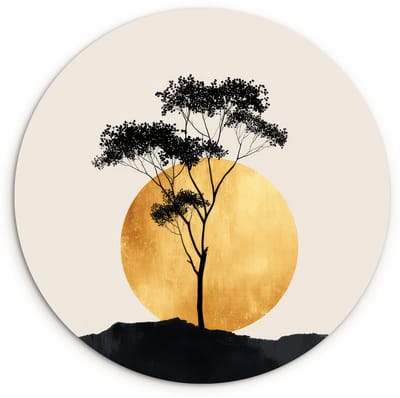 WallCircle® Wandcirkel 120x120 cm - Muurcirkel Zwarte boom - Gouden cirkel - Heuvel - Muurdecoratie woonkamer - Wanddecoratie slaapkamer - Kamer decoratie accessoires - Ronde schilderijen XXL