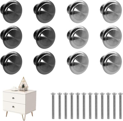 Set van 12 Ronde Keuken Kastknoppen van 27mm in Zwart en Zilver - Roestvrijstalen Handgrepen voor Keukenkastjes en Meubels met Schroeven