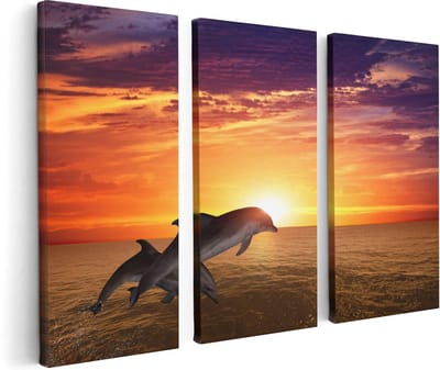 Artaza Canvas Schilderij Drieluik Twee Dolfijnen bij de Zonsondergang - 120x80 - Foto Op Canvas - Canvas Print