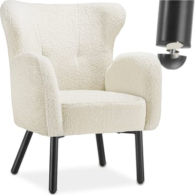 tectake® Fauteuil Vänersborg - Dik Gestoffeerde Relaxstoel met Bouclé Bekleding - Loungestoel met Armleuningen en Ergonomische Rugleuning - Relax Stoel voor Woonkamer - Beige / Crème
