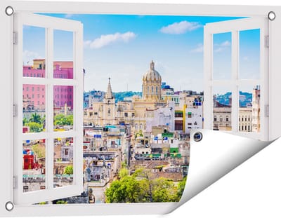 Gards Tuinposter Doorkijk Havana Stad in Cuba - 60x40 cm - Tuindoek - Tuindecoratie - Wanddecoratie buiten - Tuinschilderij