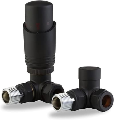 SnelShoppen - Team Controls Mat Zwart Hoek Thermostatisch Radiator Ventiel & Slotschild 15mm x 1/2" Pakket voor Efficiënte Verwarming