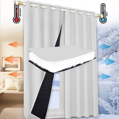Qelus 100% Opaque Warmte-Koud Isolerend Gordijn met Ringen - Blokkeert Geluid - 1 stuk Verduisteringsgordijnen voor Woonkamer & Slaapkamer - 132x160cm - Voor Winter & Zomer - Gratis Bindband - Wit