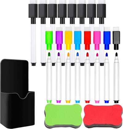 Complete set van 16 afwasbare whiteboard-stiften met fijne punt, inclusief 8 magneetstiften, pennenhouder en 2 whiteboardsponzen voor school en creatief gebruik