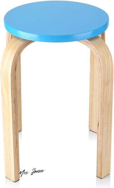 Mrs. Jones Stapelbare kruk Houten kruk snoepkleur 4 kleuren Antislip 4 poten 40 x 45 cm - woonkamer Eetkamer Kinderkamer (Blauw) .