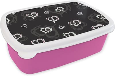 Broodtrommel Roze - Lunchbox - Brooddoos - Patronen - Hart - Schedel - 18x12x6 cm - Kinderen - Meisje