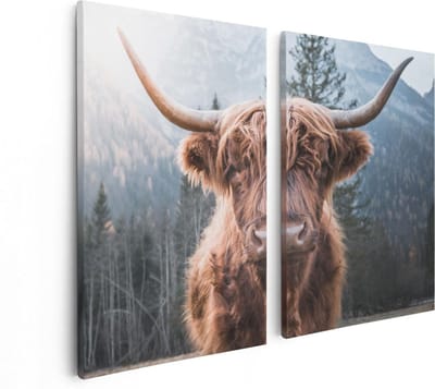 Artaza Canvas Schilderij Tweeluik Schotse Hooglander Koe In De Bergen - 80x60 - Foto Op Canvas - Canvas Print