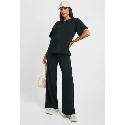 boohoo Dames Zwangerschaps T-shirt & Broek met wijde pijpen Co-Ord | Zwart | Maat: 44