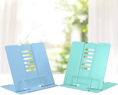 Dailygoody - Metalen boekenstandaard - Boekenhouder - Lichtgewicht en verstelbaar - Lichtblauw en lichtgroen - Geschikt voor tablet en kookboek -
